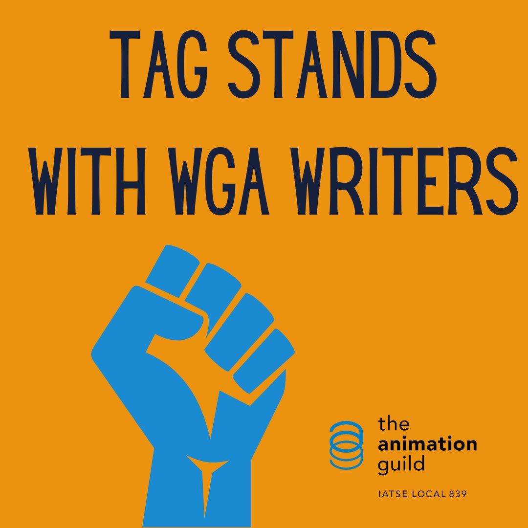 The #AnimationGuild stands in solidarity with WGA members. We recognize their invaluable contributions to the entertainment industry, and as fellow #Union members, we support their demands  to win a fair contract.

#TAG4WGA #WGAStrong #UnionStrong <a href="/WGAWest/">Writers Guild of America West</a> <a href="/WGAEast/">Writers Guild of America East</a>