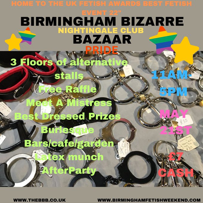 🖤BBB MAY 21st🖤
💃PRIDE
🛍️ 3 Floors of alt stalls
🏆 Free Raffle 
🔥 Meet A Mistress
🏆 Prizes 
💃 Burlesque
⬛Latex