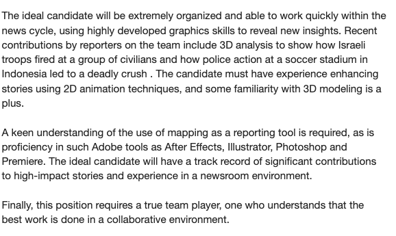 The Visual Forensics team at @washingtonpost is hiring ! If you're a 3D wizard, love python and are deeply committed to unwinding some of the most complex accountability stories around the world using innovative reporting ➡️ Apply by Friday: jobs.washingtonpost.com/job/250559886/…