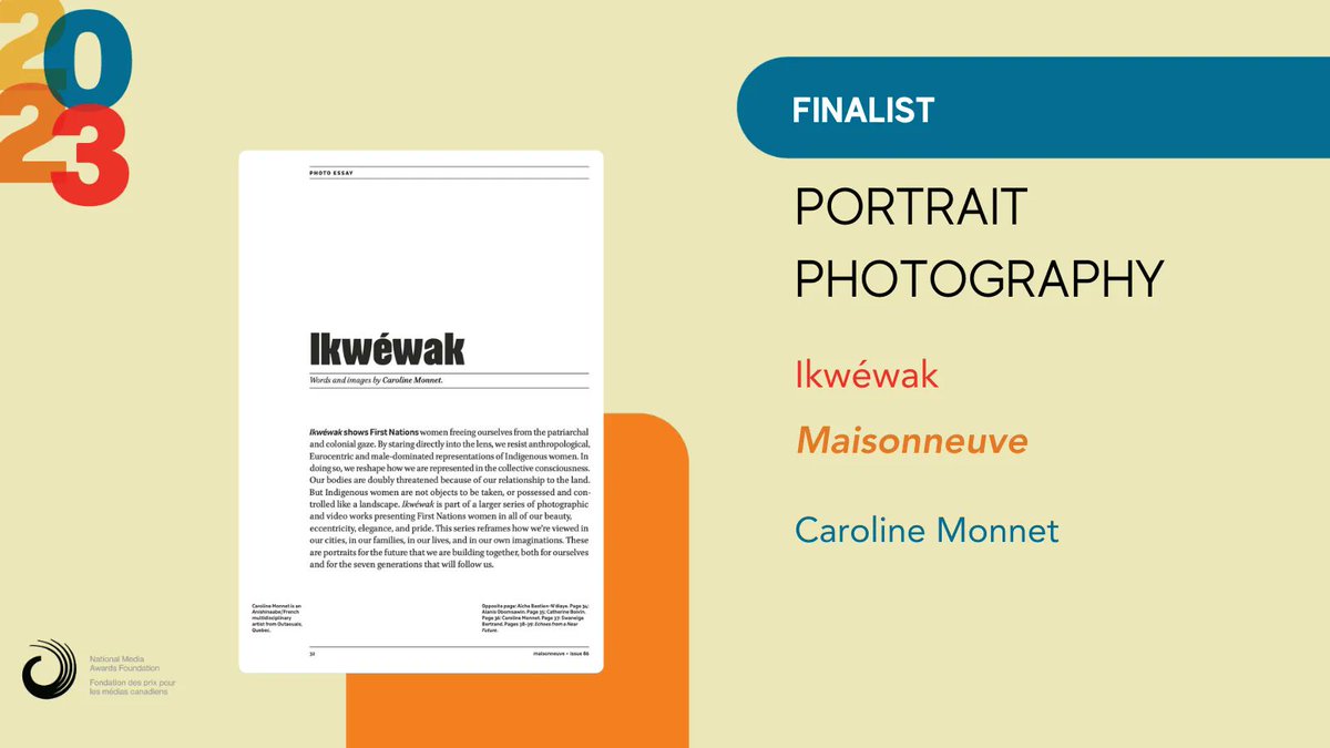 National Magazine Awards 🇨🇦 (@magawards) on Twitter photo .<a href="/CocoMonnet/">Caroline Monnet</a> for <a href="/maisonneuvemag/">Maisonneuve Magazine</a> is nominated in the Portrait Photography category with "Ikwéak" —Congratulations, Caroline! #NMA23 buff.ly/3NmSeQa .<a href="/CocoMonnet/">Caroline Monnet</a> for <a href="/maisonneuvemag/">Maisonneuve Magazine</a> is nominated in the Portrait Photography category with "Ikwéak" —Congratulations, Caroline! #NMA23 buff.ly/3NmSeQa