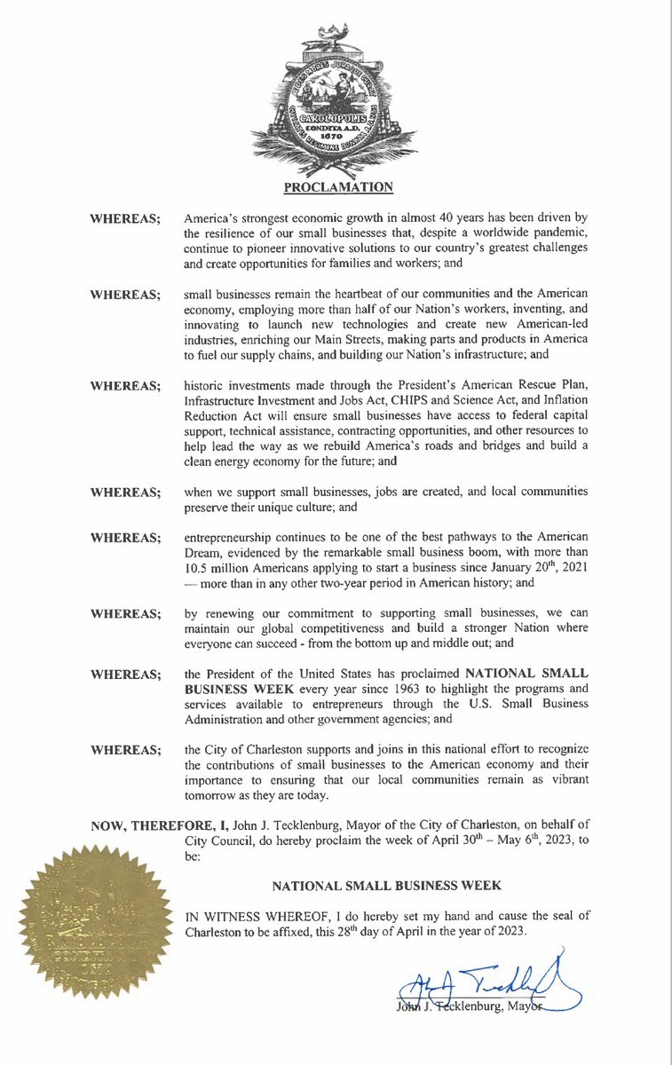 Thank you <a href="/JohnTecklenburg/">jhon</a>, the Mayor of the <a href="/CityCharleston/">City of Charleston</a>, for your #SmallBusinessWeek proclamation and ongoing support of small businesses and the <a href="/SCSBDC/">SCSBDC</a>! #SBDC