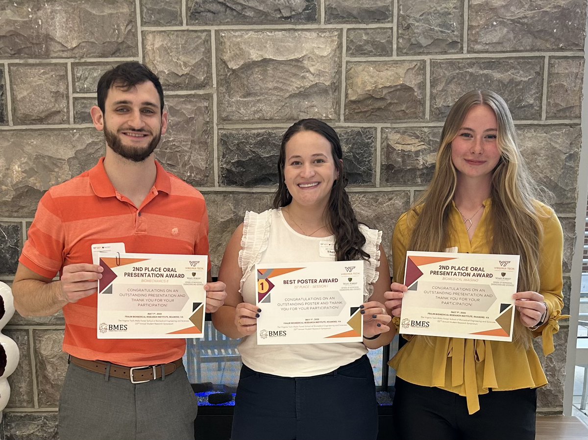 Granata Lab (@granatalab) on Twitter photo Congratulations to <a href="/theresa_libera/">Theresa Libera, M.S.</a>, <a href="/MichaelTeaterVT/">Michael Teater, PhD, ACTAR</a>, <a href="/Robyn_HansenVT/">Robyn Hansen</a>, and <a href="/tyana_scott/">Tyana Scott</a> for ranking as best poster and oral presentations at the SBES Symposium. <a href="/BEAMvt/">Virginia Tech Biomedical Engineering & Mechanics</a> <a href="/WakeBME/">Wake Forest Biomedical Engineering</a> <a href="/FralinBiomed/">Fralin Biomedical Research Institute</a> #Biomechanics Congratulations to <a href="/theresa_libera/">Theresa Libera, M.S.</a>, <a href="/MichaelTeaterVT/">Michael Teater, PhD, ACTAR</a>, <a href="/Robyn_HansenVT/">Robyn Hansen</a>, and <a href="/tyana_scott/">Tyana Scott</a> for ranking as best poster and oral presentations at the SBES Symposium. <a href="/BEAMvt/">Virginia Tech Biomedical Engineering & Mechanics</a> <a href="/WakeBME/">Wake Forest Biomedical Engineering</a> <a href="/FralinBiomed/">Fralin Biomedical Research Institute</a> #Biomechanics