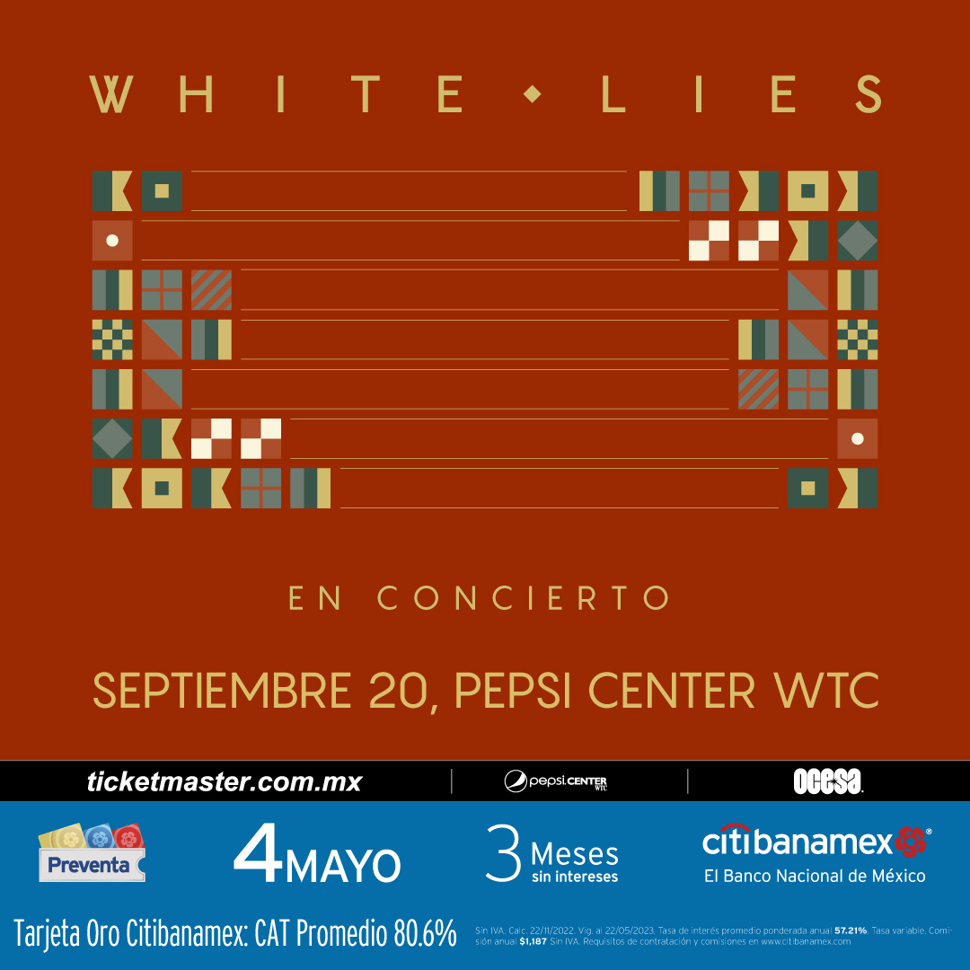 La banda #whitelines , llega a #PepsiCenterwtc el día 20 de septiembre. ¡Un concierto imperdible! #PreventaCitibanamex : 4 de mayo a las 11:00 am #VentaGeneral : 5 de mayo a las 11:00 am

Lounge VIP: $1,580
General: $780
Box superior: $980
Sección C: $580
DISCAP: $580