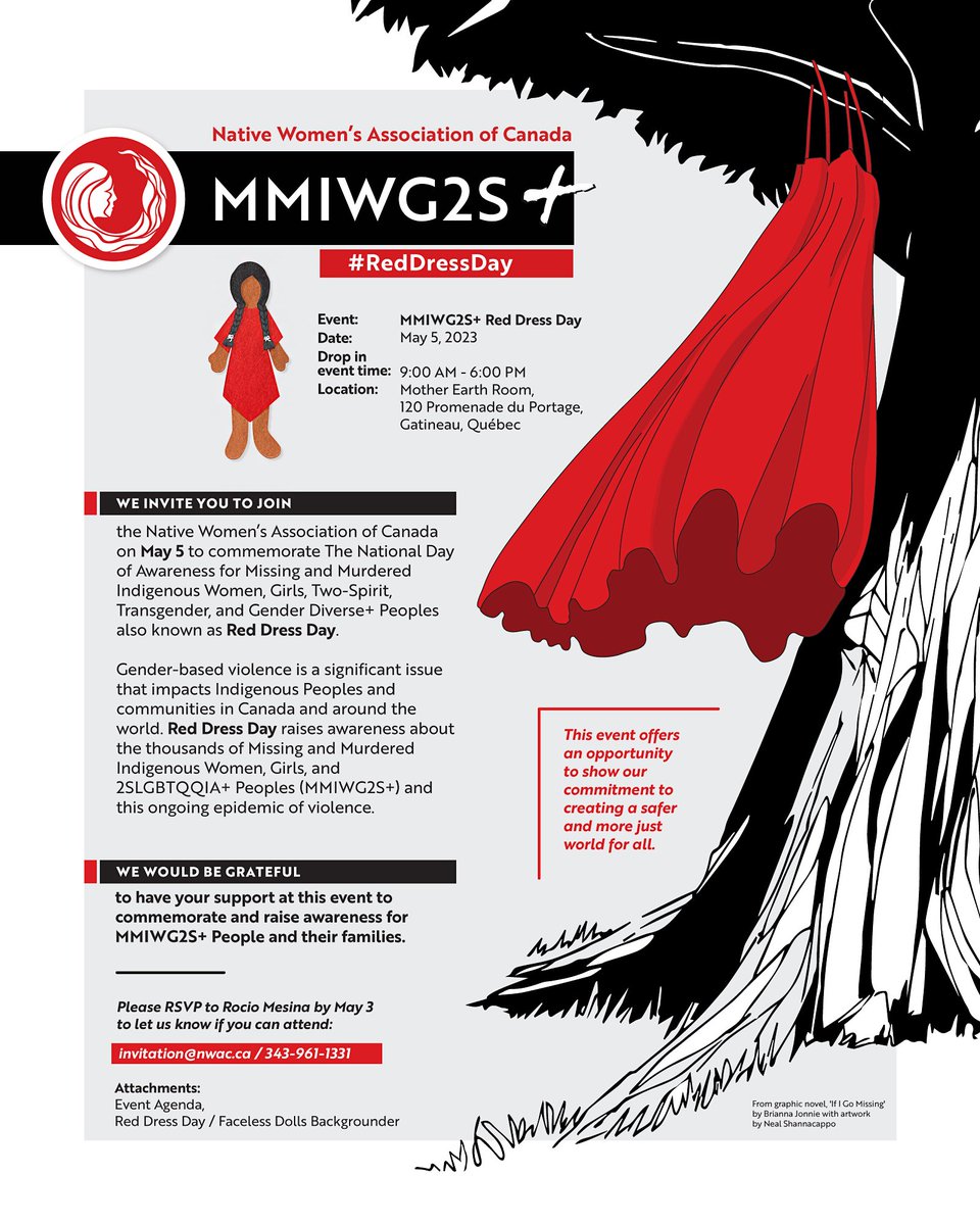 Friday is #RedDressDay. A day to raise awareness, remember murdered &amp; missing Indigenous Women, Girls &amp; Two-Spirit Peoples, and commit to action.

Join us May 5th at <a href="/NWAC_CA/">NWAC</a> as we gather to show our commitment to creating a safer &amp; more just world for all.

#MMIWG2S #cdnpoli