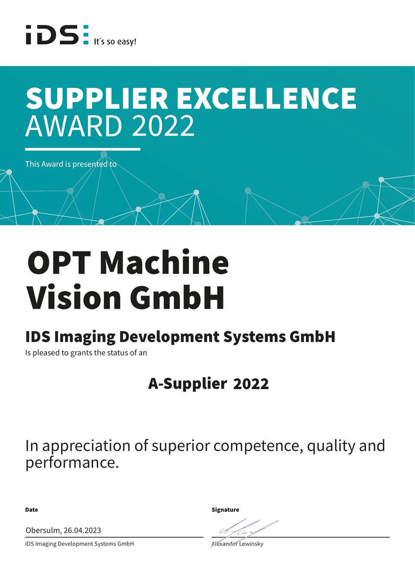 🎆🎆🎆👏👏👏We are thrilled to announce that OPT Machine Vision has been awarded the #SupplierExcellenceAward🏆 once again by IDS Imaging Development Systems GmbH!
