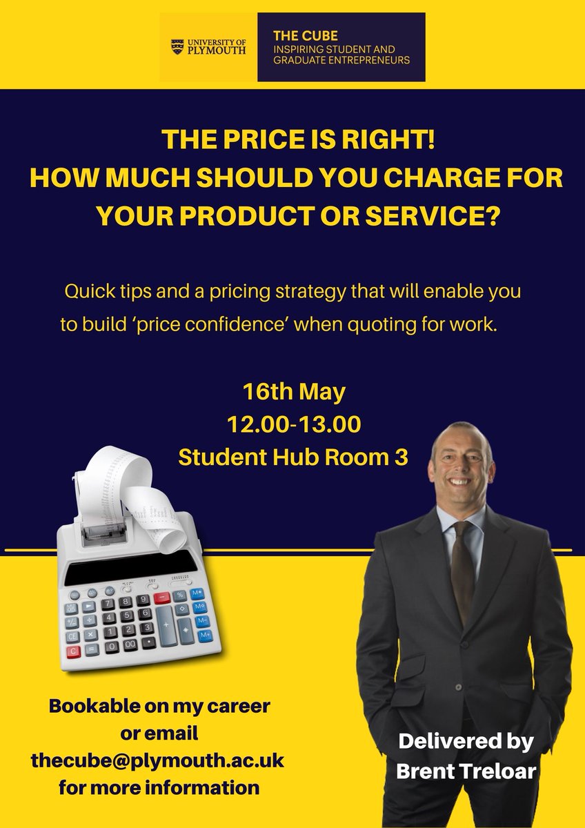 The Cube - University of Plymouth (@thecubeuop) on Twitter photo A great workshop Tues 16th May 12:00-13:00 The price is right! How much should you charge for your product or service? Student Hub Room 3. Free for
<a href="/PlymUni/">University of Plymouth</a> students & <a href="/PlymUniAlum/">University of Plymouth Alumni</a> who are interested in freelancing, self-employment or business plymouth.ac.uk/whats-on/the-c… A great workshop Tues 16th May 12:00-13:00 The price is right! How much should you charge for your product or service? Student Hub Room 3. Free for
<a href="/PlymUni/">University of Plymouth</a> students & <a href="/PlymUniAlum/">University of Plymouth Alumni</a> who are interested in freelancing, self-employment or business plymouth.ac.uk/whats-on/the-c…