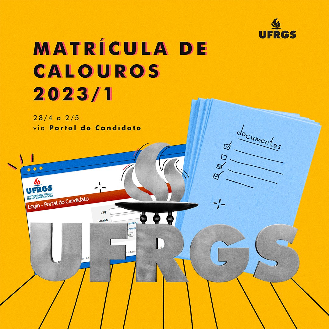 ufrgsoficial's tweet photo. ⚠️ Termina nesta terça-feira (2/5), às 23h59, o prazo de solicitação de matrícula para os calouros de 2023/1!

Etapa também contempla os candidatos aptos para a matrícula provisória: https://t.co/gkQSIWfMGc
#BIXOUFRGS https://t.co/DfxW1B6dld