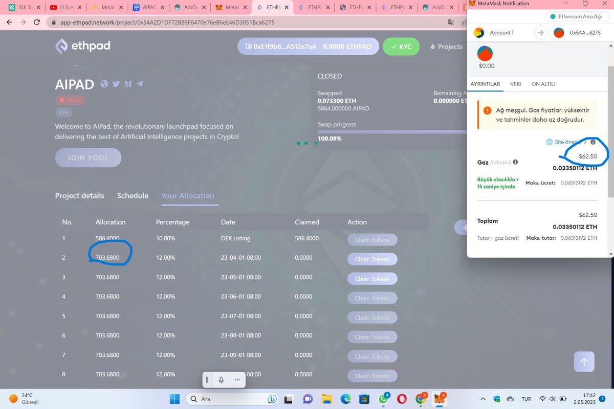 @bycoinhunter Hocam bu ETHPAD claim ücretiyle biz ne yapacağız valla delirmemek elde değil.Claim edeceğim AIPAD 89 usdt tutuyor , ödeyeceğim gas fee 62.50 usdt .. Almak çözüm değil claim için bir servet gerekiyor.Bunun başka yolu var mı?