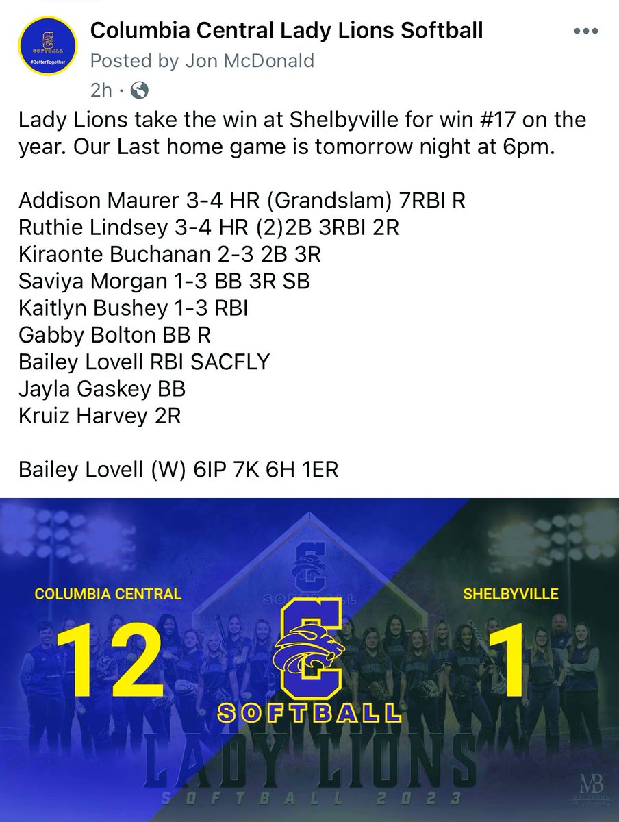 Columbia Central Softball (@clionssoftball) on Twitter photo 