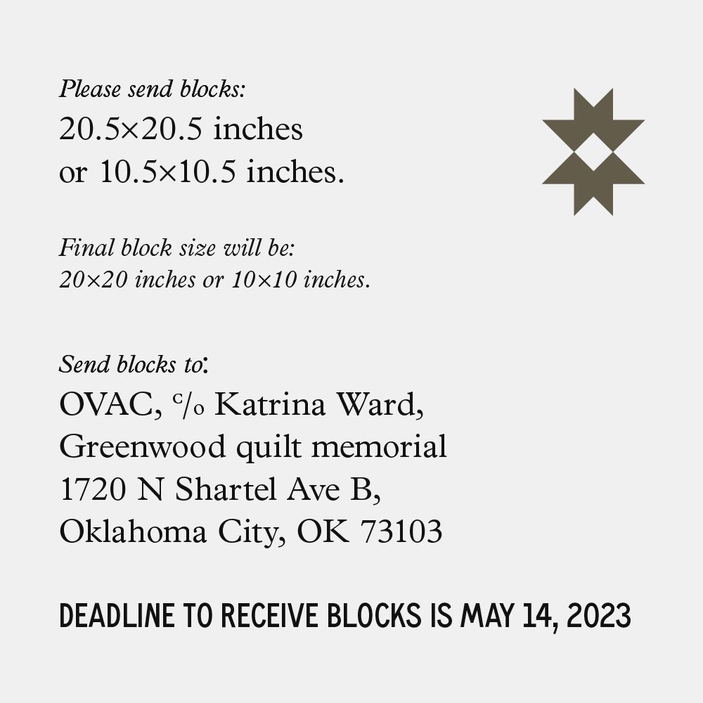 okquiltmemorial's tweet photo. Blocks should be 10.5 square inches or 20.5 square inches and will be 10/20 inches when done. Deadline is May 14th to receive blocks! https://t.co/UgFUPpszIp