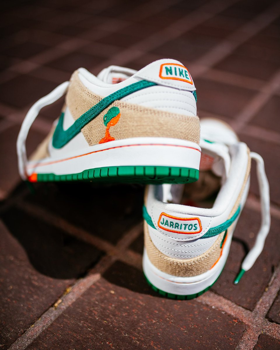 Jarritos's tweet photo. Rich history and the Jarritos signature colors are woven into the SB Dunk LOW.

Inspired by the original canvas bags used to harvest fruits that drive the brand's unique flavors, the SB Dunk Low by Jarritos pays homage to culture, tradition, and craft with custom insole art, bold colors, and materials.

Releasing May 6 in select skate shops and May 10 in SNKRS, learn more at https://t.co/8kvycmLMVk 

📸 #OliverBarton