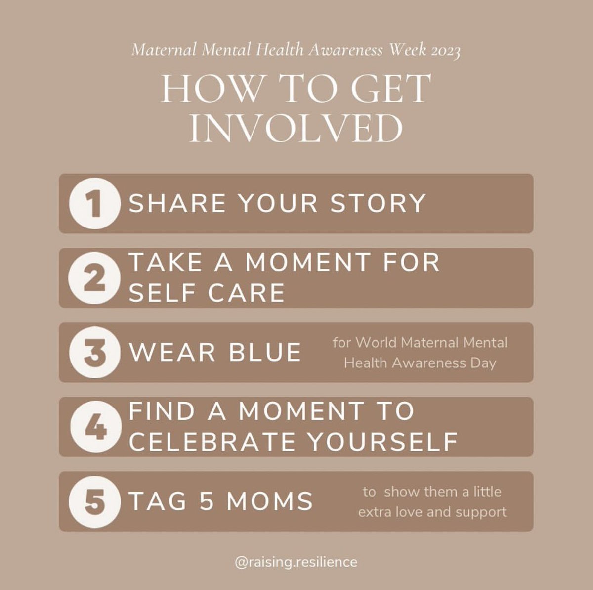 May 1-5 is Maternal Mental Health Awareness Week, and we are joining @thebluedotprj and @PostpartumHelp in spreading awareness with five days of how to get involved. Follow our IG to get involved this week. instagram.com/raising.resili… #MMHW2023 #TherapistTwitter #TherapistsConnect