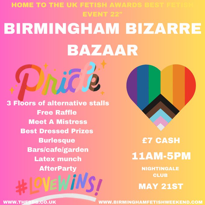 🖤BBB MAY 21st🖤
💃PRIDE
🛍️ 3 Floors of alt stalls
🏆 Free Raffle 
🔥 Meet A Mistress
🏆 Prizes 
💃 Burlesque
⬛Latex