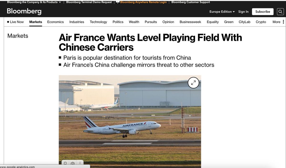 DagnyTaggart963's tweet photo. Air France demands Chinese airlines cut flights to France amid resumption of tourism to and from China - Bloomberg

Arguing that they have an unfair advantage of flying over Russian airspace that is closed to many other carriers.

Sanctions are working in reverse. https://t.co/FUSxsdr6IR