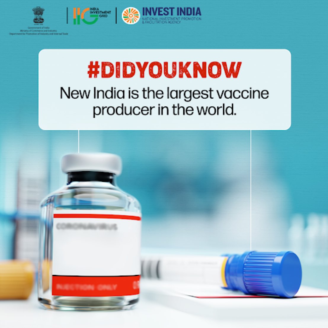 #GrowWithIndia
60% of the world’s vaccines and 20% of generic medicines come from #NewIndia.

Explore opportunities in the sector on #IIG at bit.ly/IIGPharma