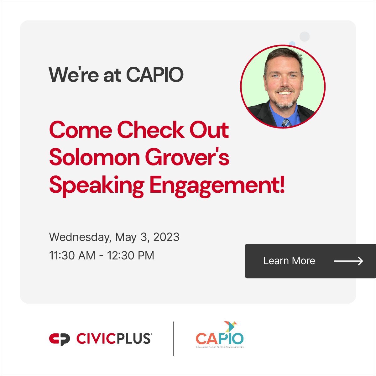 CivicPlus's tweet photo. Attention @CAPIOTweets 2023 attendees📢

Join @CivicPlus Account Executive, Solomon Grover as he explores the latest trends in government communications and discover how CivicPlus can help your organization enhance its online presence. 

#CAPIO2023 #CivicPlus #govcommunications https://t.co/WeZ0kKwFOy