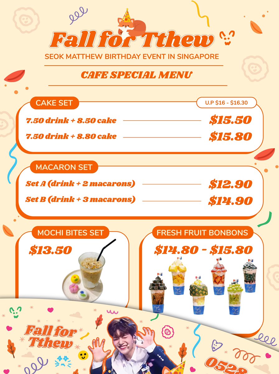 fallfortthew's tweet photo. 𝐟𝐚𝐥𝐥 𝐟𝐨𝐫 𝐭𝐭𝐡𝐞𝐰.
— cafe special menu 

do note that free gifts are only given when special menu items are purchased! 🧡

ღ limited to one set of gifts per order 
ღ ala carte items not included
 
#SEOKMATTHEW #석매튜 #ZB1 #ZEROBASEONE #제베원 #제로베이스원 #fallfortthew https://t.co/8MQqa96FRe