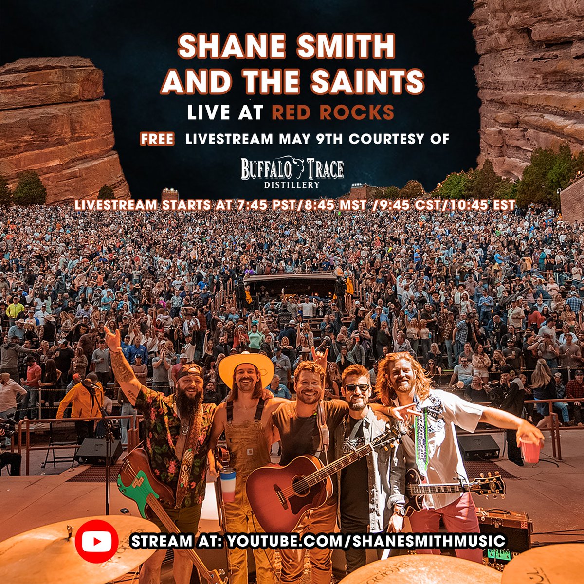 ShaneSmithMusic's tweet image. For all of our friends that can’t make it to @RedRocksCO next week, we’ve partnered with our good friends at @BuffaloTrace to provide a live stream of the entire concert, completely free on our YouTube channel!

10PM CT - Tues, May 9th. Stream here: youtube.com/live/E9qvNT1AM…