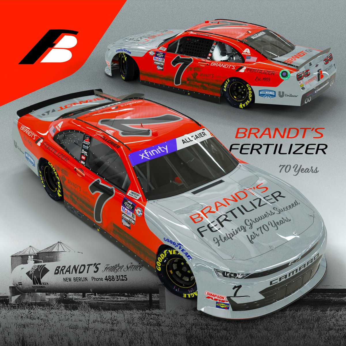JRMotorsports's tweet photo. Past meets present. 

@J_Allgaier to pay homage to 70 years of @BRANDT_co with heritage scheme for @TooToughToTame. https://t.co/QY6OQcZewj