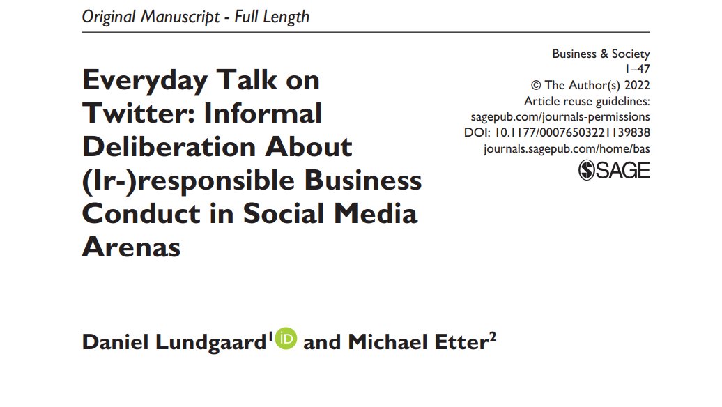 How can everyday talk in social media contribute to deliberation about (ir-)responsible business conduct? Daniel Lundgaard (<a href="/CBScph/">Copenhagen Business School</a>) &amp; <a href="/MichaelEtter_/">Michael Etter</a> (<a href="/KingsCollegeLon/">King's College London</a>) answer this question in their new study. #CSR #socialmedia. Available ONLINE FIRST: doi.org/10.1177/000765…