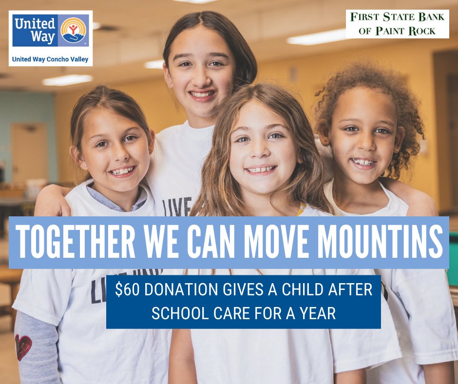 If United Way of the Concho Valley receives at least one donation between 6:00 pm-7:00pm we will have an opportunity to receive an additional $500 amplification dollars!

Donate here: sanangelogives.org/uwconchovalley

Thank you, First State Bank of Paint Rock, for sponsoring this hour!