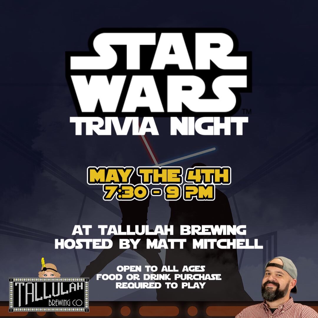 Kicking off a big weekend with Star Wars Trivia with <a href="/ALostrich/">Matt Mitchell</a> starts at 7:30 this Thursday!