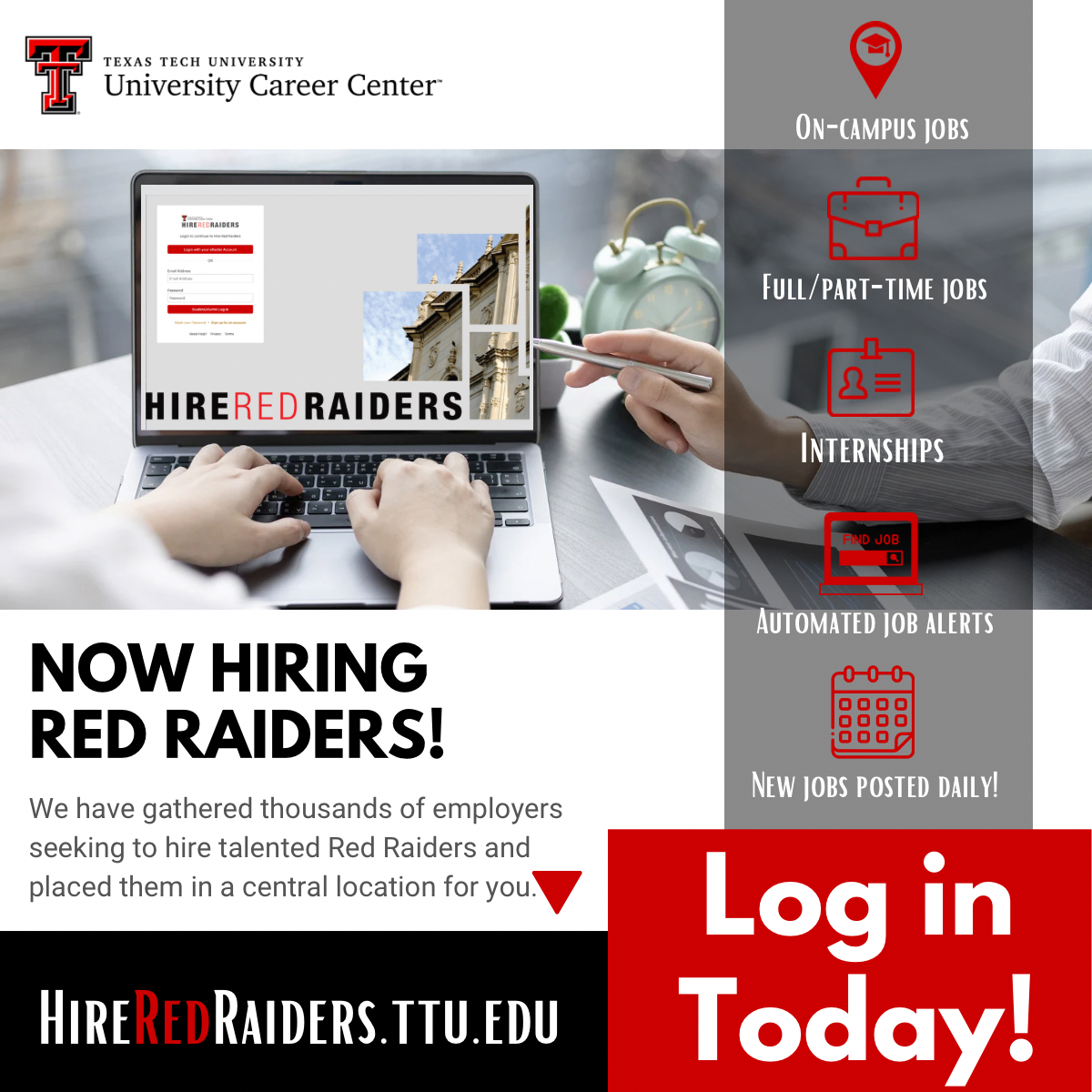 Searching for a summer job? Browse through hundreds of opportunities on #HireRedRaiders.  New jobs posted daily! #TTU #WreckEm