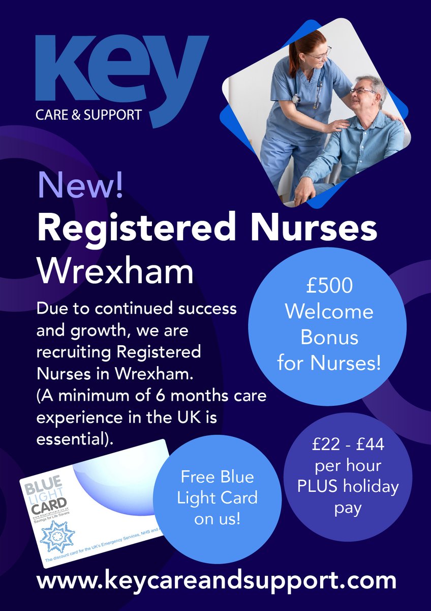 #wrexham #nursingjobs #NorthWalesJobs
We are recruiting experienced Registered Nurses in Wrexham.
Enjoy a £500 welcome bonus!
Register with Key Care & Support today if you have at least 12 months post-reg experience in the UK.
keycareandsupport.com/register-2