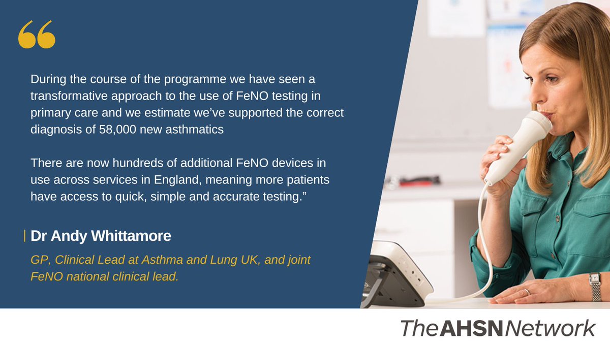 HIWessex's tweet image. Fractional exhaled Nitric Oxide tests are quick and simple tests to help in the diagnosis and monitoring of #asthma.

Find out how #AHSNs have been working to improve access in primary care and our impact ahsnnetwork.com/programmes/res…
#WorldAsthmaDay #TransformingAsthma