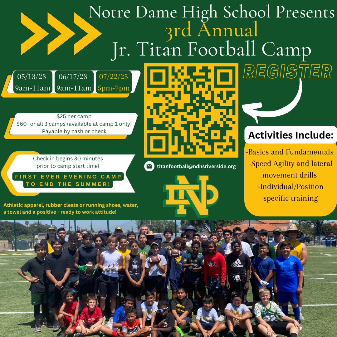 NDTitanFootball's tweet photo. Our Annual Jr. Titan Football Camp is back! We will have 3 sessions and 1 is an evening session! Register for all 3 for a discount! Don’t miss out! Scan the QR code and register now, bring your neighbors, tell your classmates, share the flyer! #OurFuture #JrTitans #YouthFootball https://t.co/jSGY6E3B3S