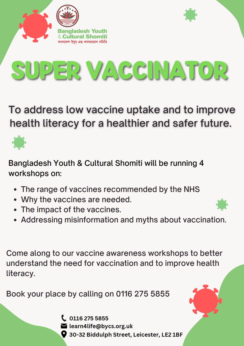 Come along to our vaccine awareness workshops to better understand the need for vaccination and to improve health literacy.

Book your place by calling on 0116 275 5855