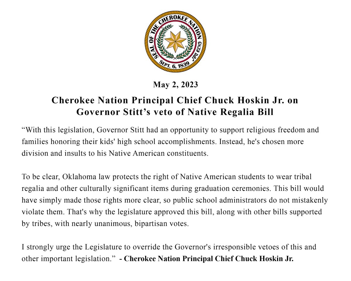 CherokeeNation's tweet photo. Cherokee Nation Principal @ChuckHoskin_Jr issues statement on Governor Stitt’s veto of Native Regalia Bill https://t.co/fwYR0OnA0Z
