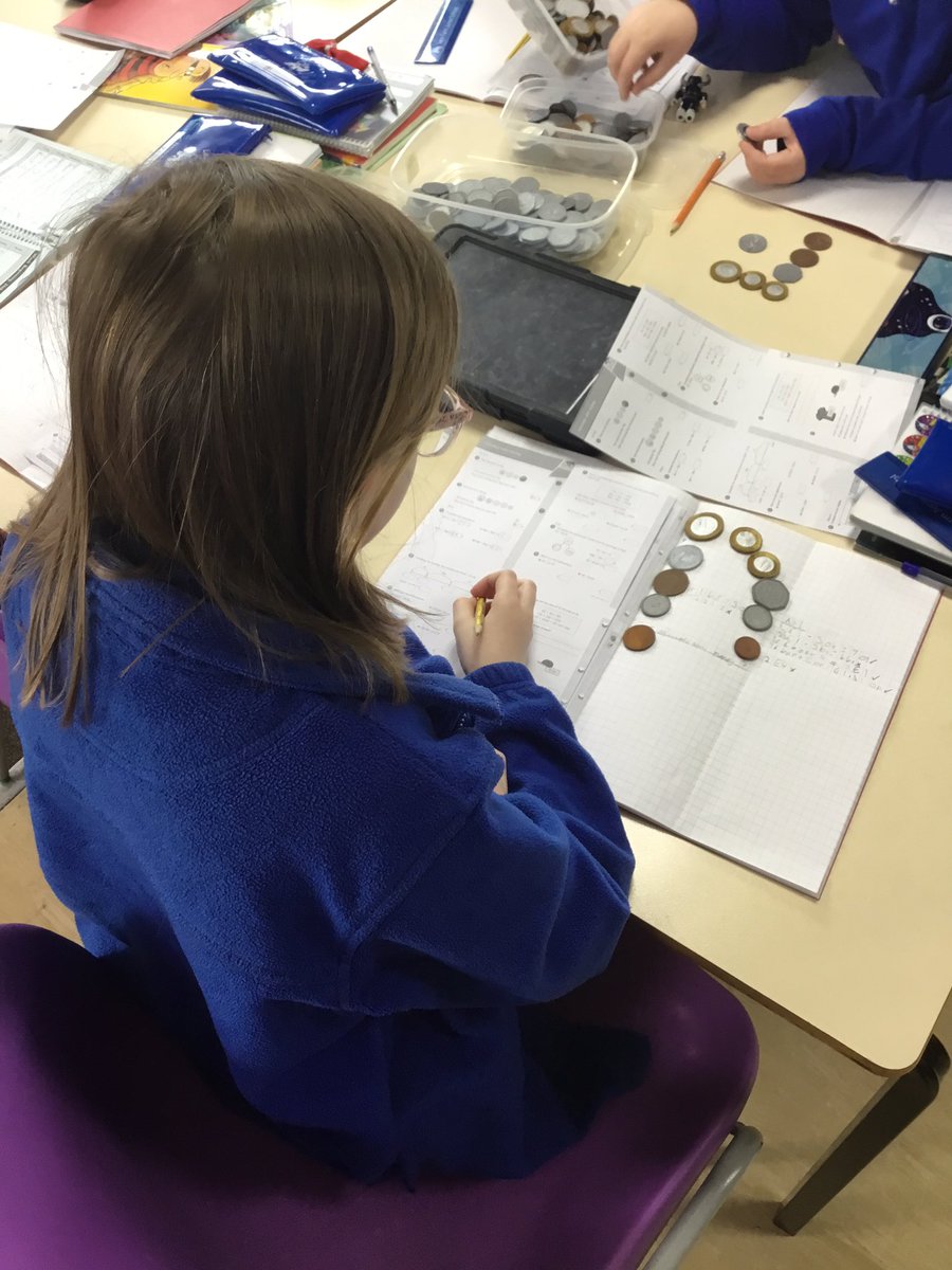 LeysFarm's tweet photo. Class 4W calculating with money this morning using the CPA approach. Lots of engagement with today’s tasks. #LFJSMaths @WhiteRoseEd https://t.co/U4IDs6g8Kn