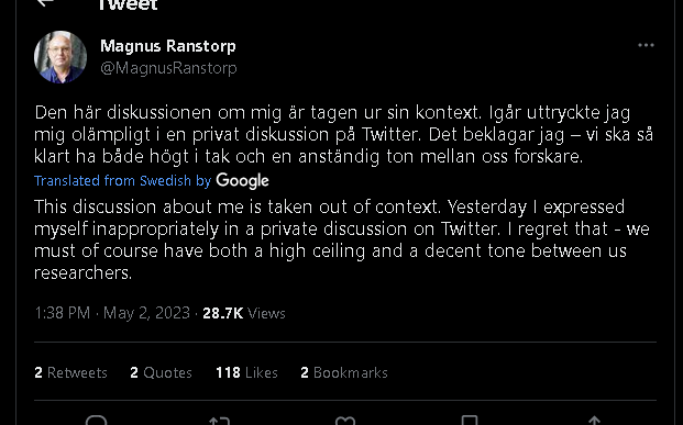 I usually quote James Baldwin: "I don't believe what you say because I see what you do." Blocking people while excusing for 'inappropriate expression'... #MagnusRanstorp #threat #antimuslimracism #racism #ThinkTank #JamesBaldwin