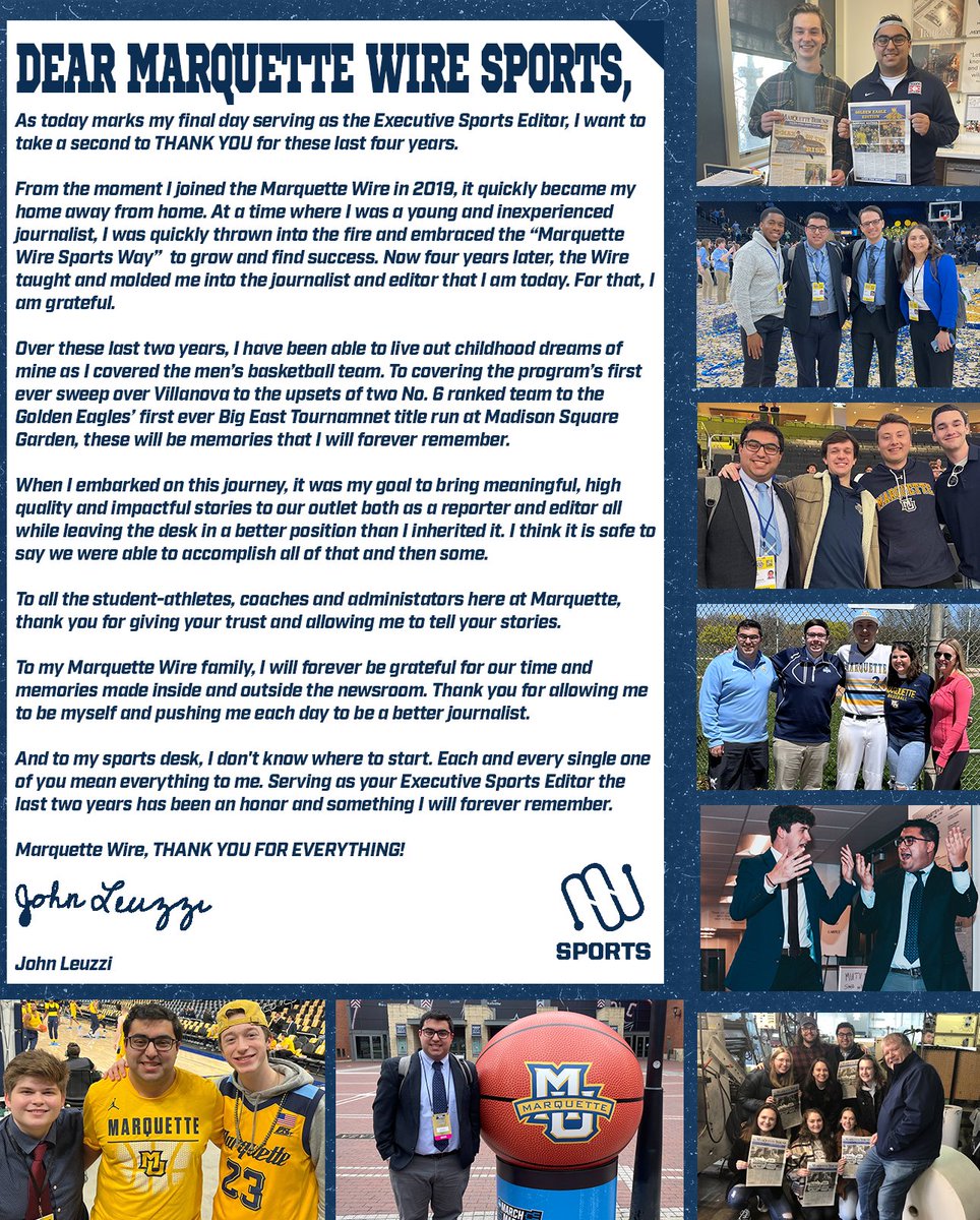 Today's a bittersweet day as it marks my final day <a href="/MUWireSports/">Marquette Wire Sports</a> as Executive Sports Editor.

THANK YOU @MU_Wire for the best four years. Wouldn't want to change a thing!

Excited to see what the next chapter of my career brings! More in my senior column: bit.ly/3Hwy2HO.