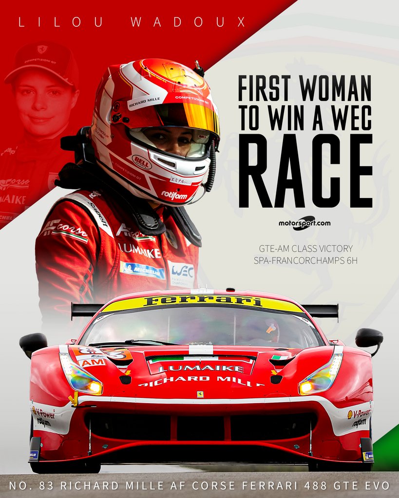 A huge congratulations to Lilou Wadoux on becoming the first female driver to win in WEC! @LWadouxD44, Alessio Rovera and Luis Perez Companc, took victory in the LMGTE Am class at Spa-Francorchamps 🙌 #WEC #6HSpa