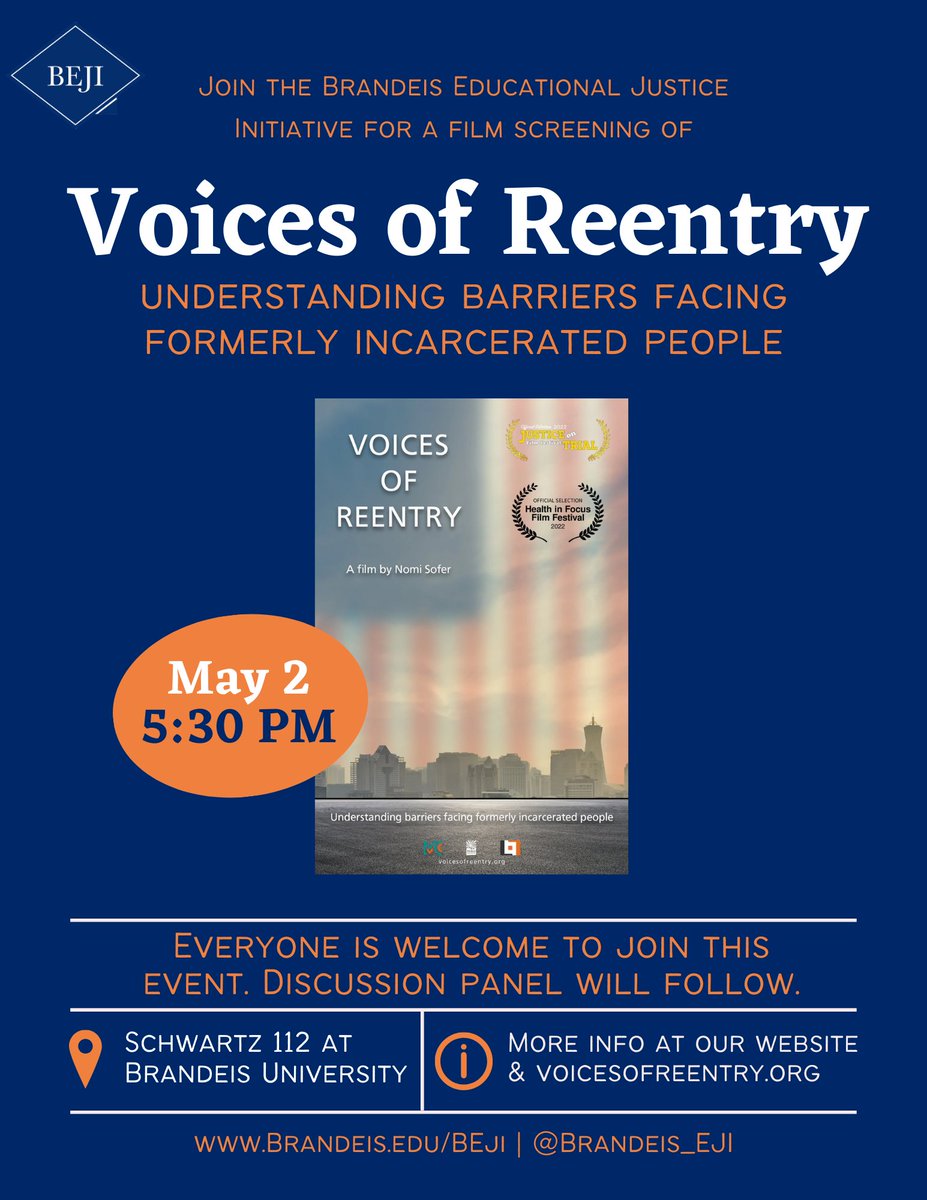 Brandeis_EJI's tweet photo. Come to @BrandeisU campus this evening at 5:30 for this @ReentryVoices film screening and panel! There will be food and great conversation from Boston area community members. #secondchancemonth #reeentry @PartakersCBB https://t.co/0SrAxuu2if