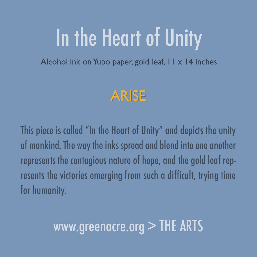 GreenAcreBahai's tweet photo. “In the Heart of Unity” by ARISE from “Creative Power of Unity.” Alcohol ink on Yupo paper, gold leaf, 11 x 14 inches
https://t.co/5iJDPHZqn1
#ARISE #IntheHeartofUnity #AlcoholInk #YupoPaper #GoldLeaf #UnityofMankind #Hope #Humanity #CreativePowerofUnity #GreenAcre #ArtShow https://t.co/3Wz6YYsEHe
