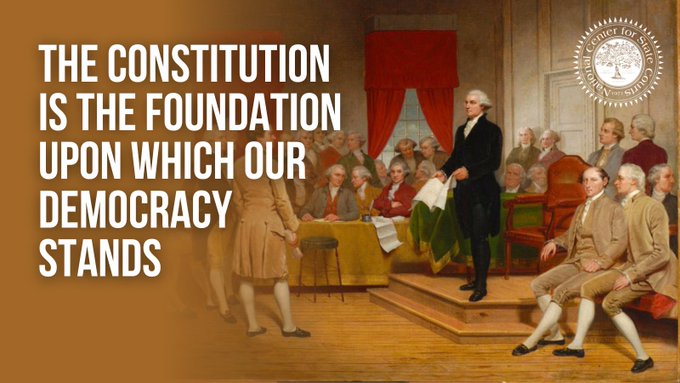 Painting from the National Archives of the 1787 Constitutional Convention with text that reads, “The Constitution is the foundation upon which our democracy stands.” National Center for State Courts logo.