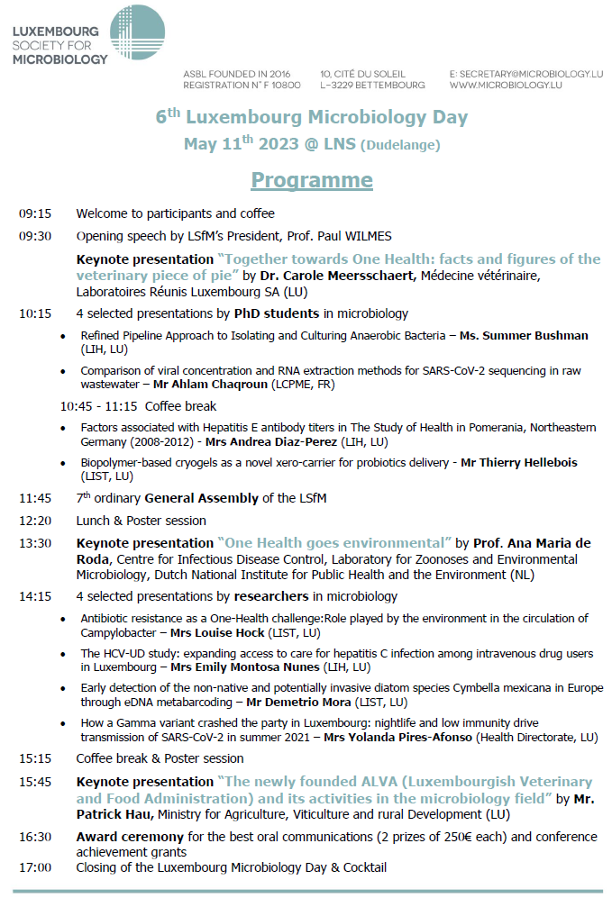 luxsocmicro1's tweet photo. The final #LMD programme is now out! Congratulations to the selected microbiology researchers from @LIH_Luxembourg @LIST_Luxembourg @LCPME_CNRS_UL @sante_lu who will present at the LMD. Support your colleagues and register until May 4th: https://t.co/NfwNe3h5DT https://t.co/oiorQMqnPi