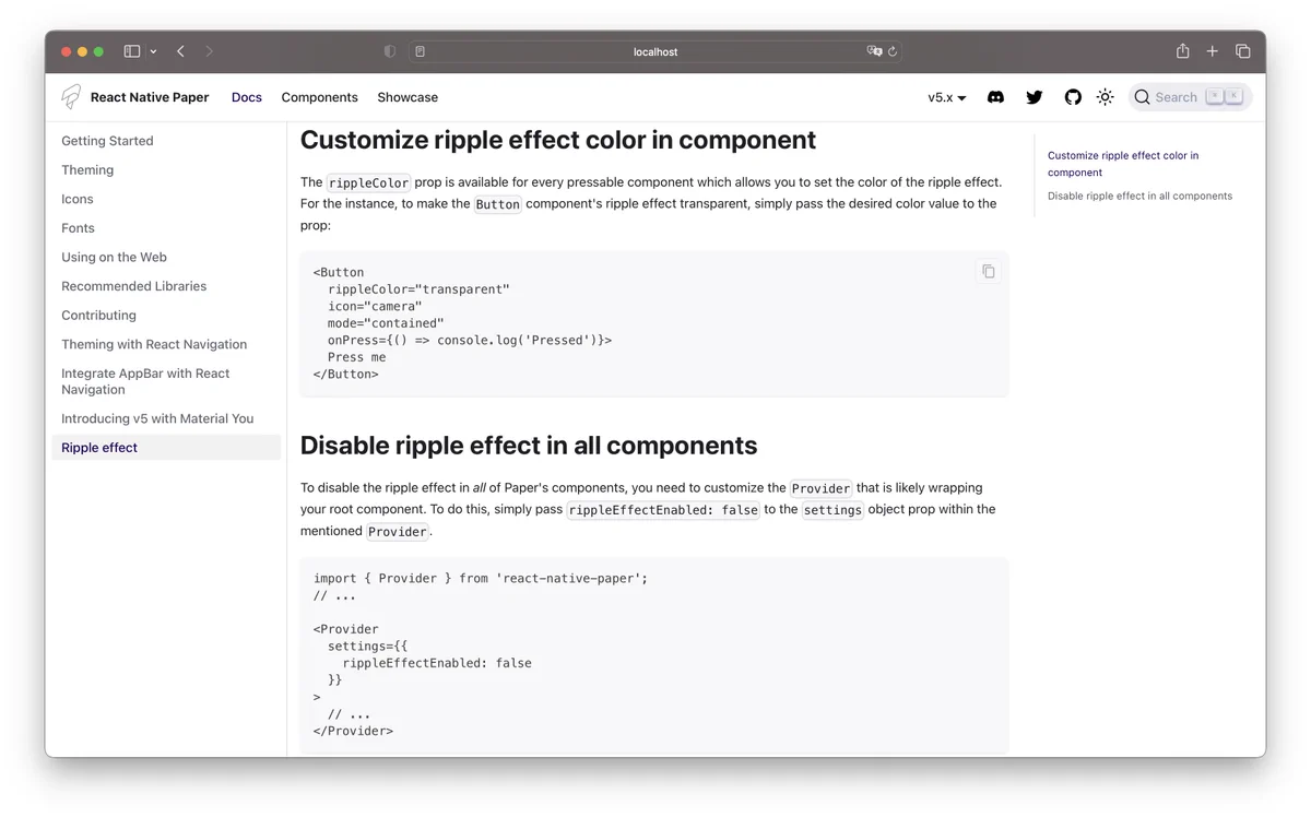 Screenshot from react-native-paper documentation presenting the ways to adjusting ripple effect 