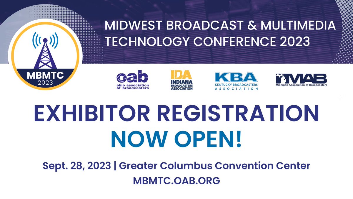 OhioBroadcaster's tweet photo. Join us as an exhibitor at #MBMTC2023 and share your products with broadcast engineers and multimedia professionals from four states! Find more info and apply now to join us on Sept. 28 at: https://t.co/n41RdUXdCQ. https://t.co/AOnohFqGHI