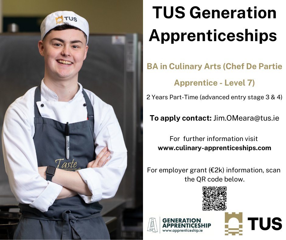 Applications are now open for the BA in Culinary Arts - Chef De Partie Apprentice, Level 7. 

- 2 years - Part Time - 

👉culinary-apprenticeships.com

👉 Contact Jim.Omeara@tus.ie to apply. 

#WeareTUS #culinaryarts #chef