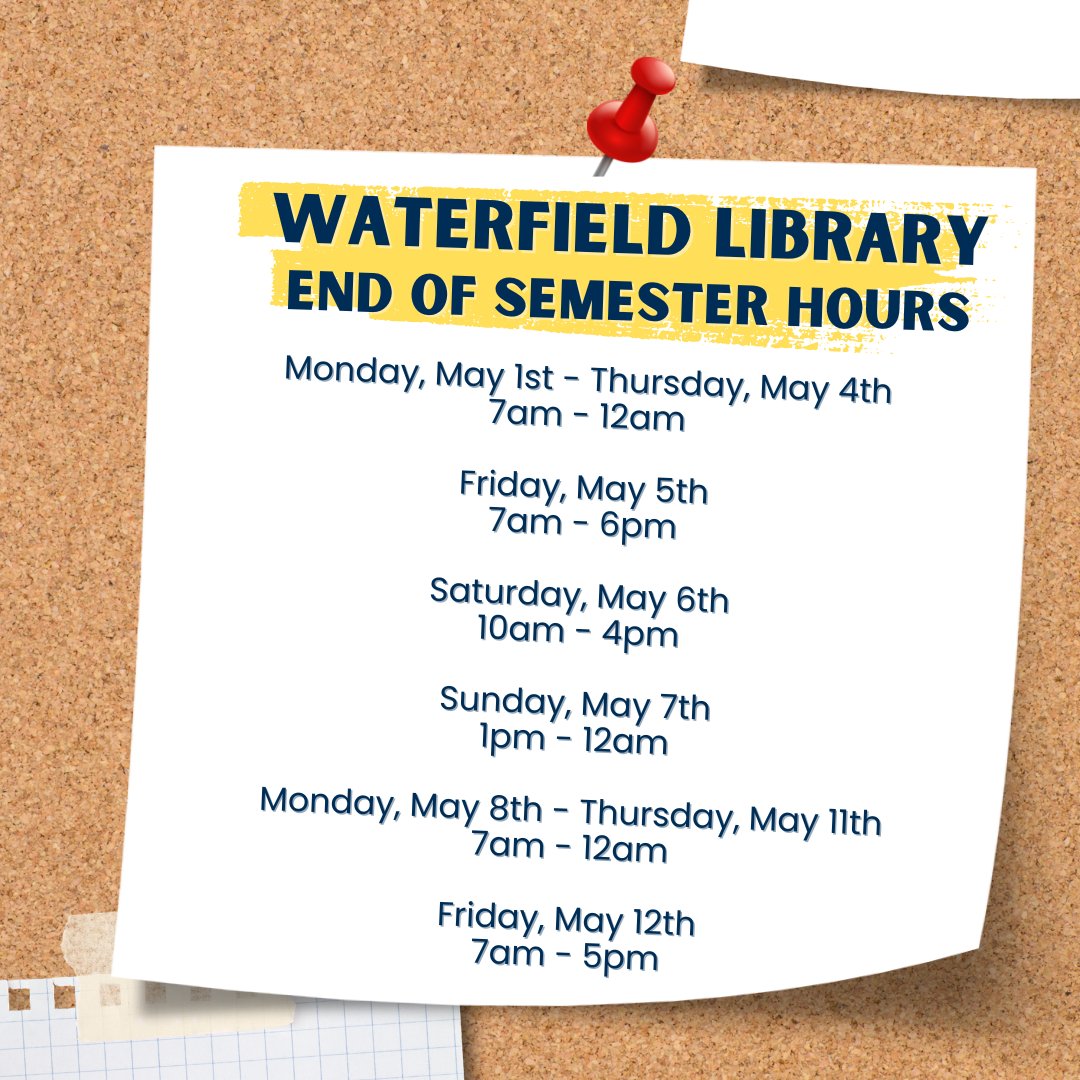 Take note of Waterfield's hours for the last two weeks of the semester.
#deadweek #finalsweek