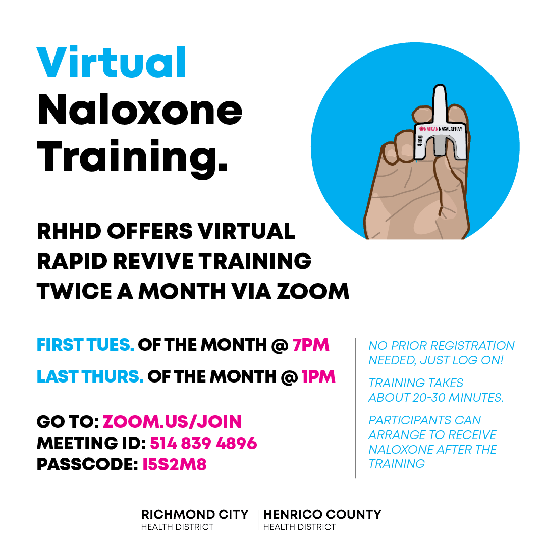 RHHD offers virtual rapid revive training on zoom!

Join us the first Tuesday of every month at 7 PM or the last Thursday of the month at 1 PM on zoom!