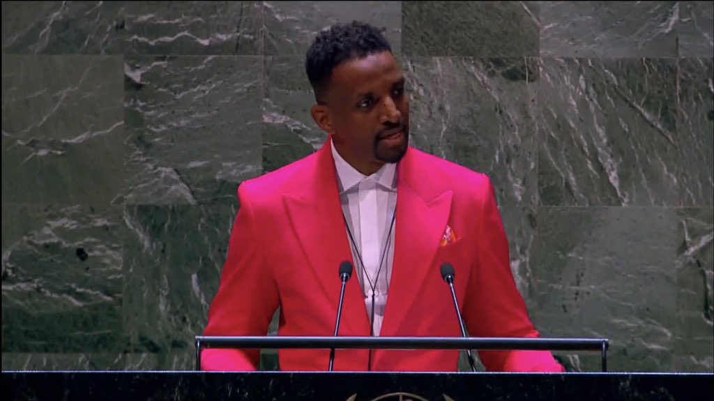 Grammy award winning poet <a href="/J_Ivy/">J. Ivy</a> bringing style to the U.N. General Assembly hall at an event to mark World Press Freedom Day.