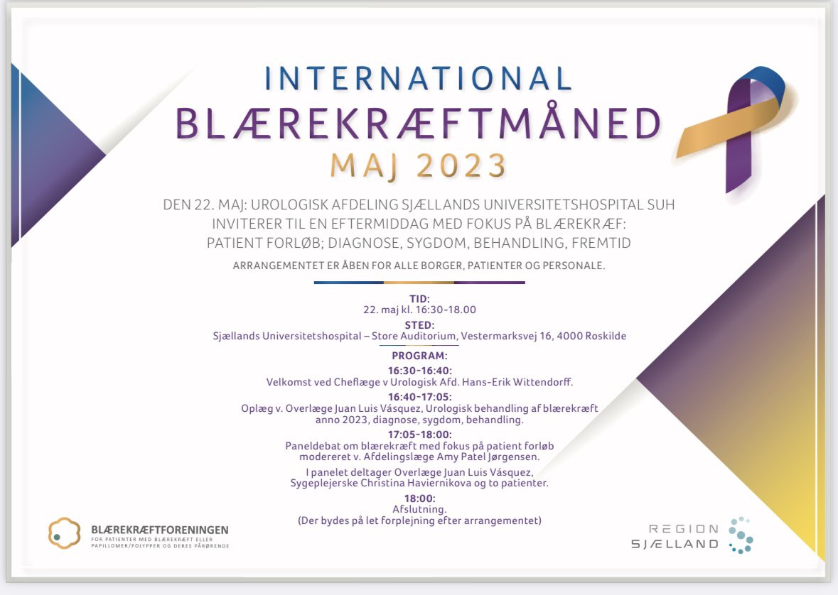 Maj er international blærekræftmåned. Det gør vi noget ved igen i år på Urologisk Afdeling <a href="/SUHhospital/">Sjællands Universitetshospital</a>. Kom og være med til at diskutere udfordringerne og nogle løsninger den 22. Maj 2023 kl 16:30. 

Program i invitationen nedenunder