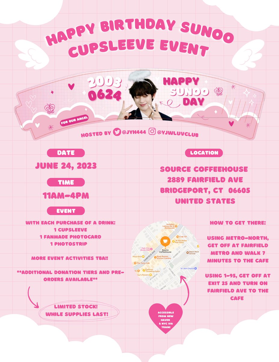 ikeu444's tweet photo. 𝙄𝙉𝘾𝙊𝙈𝙄𝙉𝙂!💌 [𝐨𝐩𝐞𝐧 (𝟏) 𝐧𝐞𝐰 𝐦𝐞𝐬𝐬𝐚𝐠𝐞 !]
—HAPPY SUNOO DAY CUPSLEEVE EVENT🕊
ʚ come celebrate engene’s angel #SUNOO ! ɞ

🗓Saturday, June 24 
🕞11AM-4PM
📌Source Coffeehouse
2889 Fairfield Ave, Bridgeport, CT 

🔗 https://t.co/y5KfBPvv0P

 #OurAngelSUNOO cse https://t.co/PThb3JZYAf