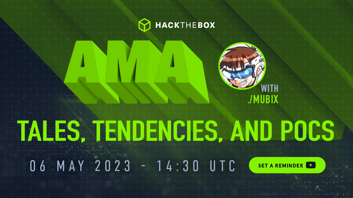 Hack The Box (@hackthebox_eu) on Twitter photo π Who you're gonna call? Mythbusters!
<a href="/mubix/">Rob Fuller</a>Β is joining us on a new #AMA to tear down some popular #cybersecurity myths!
ποΈ Saturday, 6 May 2023, 14:30 UTC
Can you tell the #hacking myths and facts apart? Join us to find out: youtube.com/watch?v=wGAWbkβ¦
#HackTheBox #InfoSec π Who you're gonna call? Mythbusters!
<a href="/mubix/">Rob Fuller</a>Β is joining us on a new #AMA to tear down some popular #cybersecurity myths!
ποΈ Saturday, 6 May 2023, 14:30 UTC
Can you tell the #hacking myths and facts apart? Join us to find out: youtube.com/watch?v=wGAWbkβ¦
#HackTheBox #InfoSec