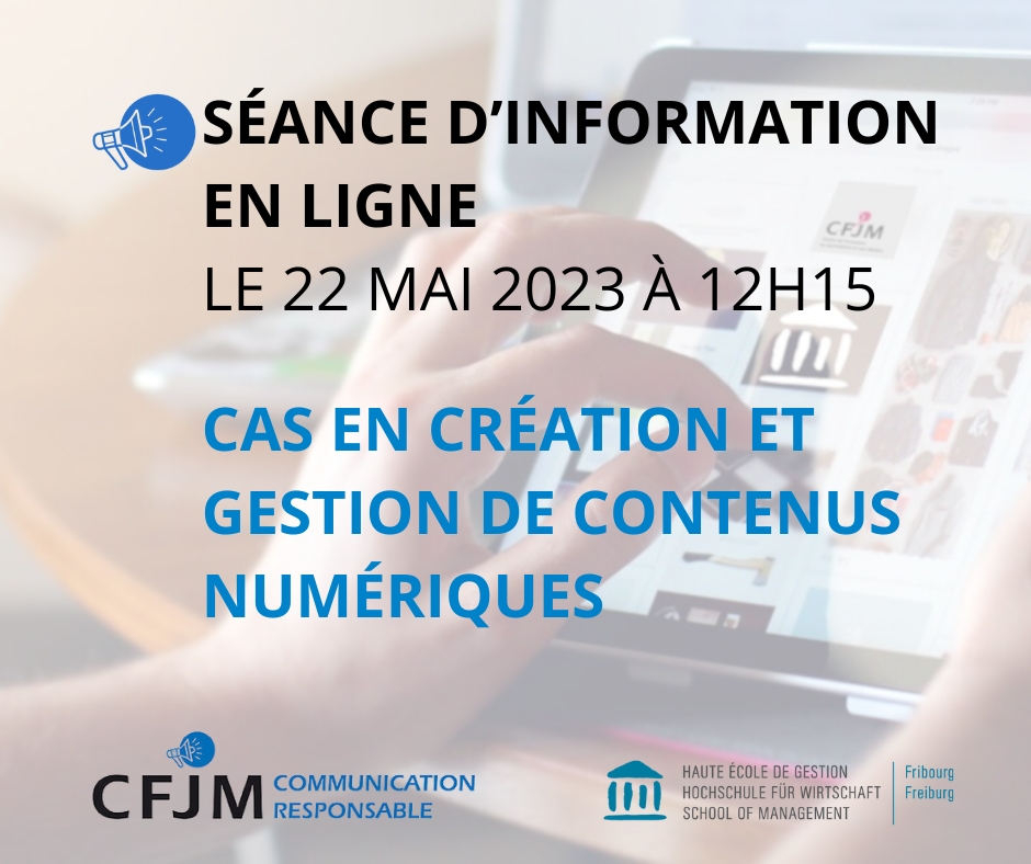 ❗Séance d’information en ligne❗
📅Le 22mai 2023 à 12h15
🎓CAS en création et gestion de contenus numériques
🤝En collaboration avec <a href="/HEG_FR/">HEG-FR / HSW-FR</a>

Participez à la séance d’info en ligne👉bit.ly/42l8wgJ
Inscrivez-vous à la prochaine rentrée👉bit.ly/3Vd27la